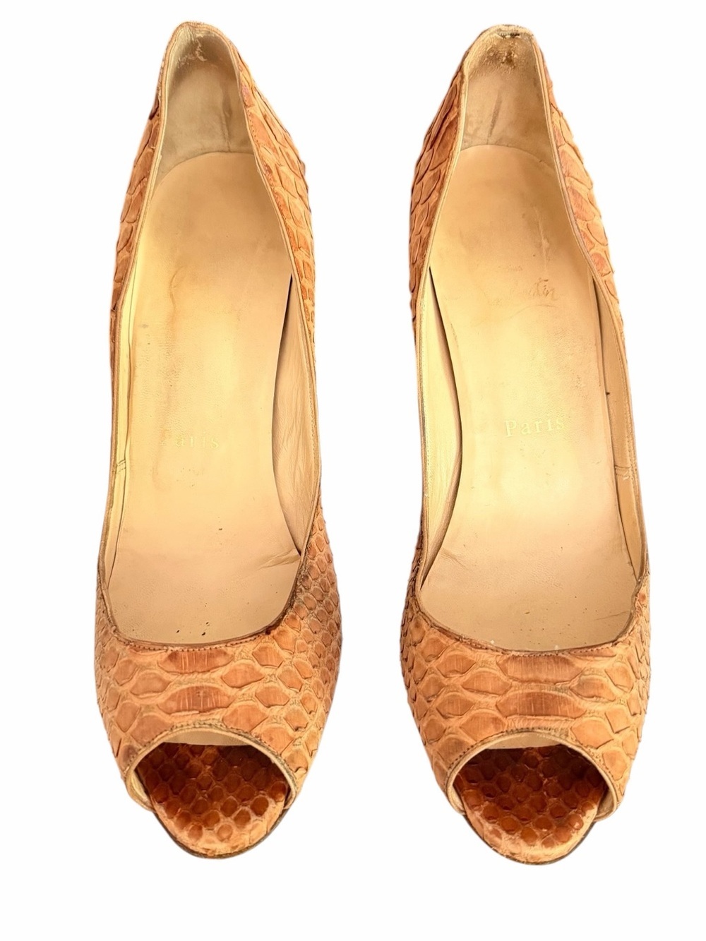 Christian Louboutin Tan Croc or Snake Embossed Peep-Toe Stilettos 39 1/2 - Picture 2 of 12